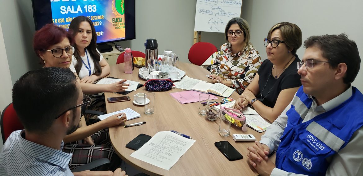 Membros da comissão de implantação do curso de Medicina da UEMASUL e da Organização Pan-Americana de Saúde (OPAS/Brasil), em reunião conversando sobre as demandas a serem atendidas para a implantação do curso de Medicina.