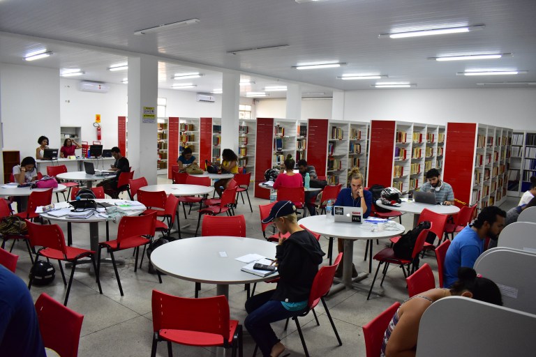 Cerca de 10 alunos estão sentados nas messas estudando na biblioteca da UEMASUL.